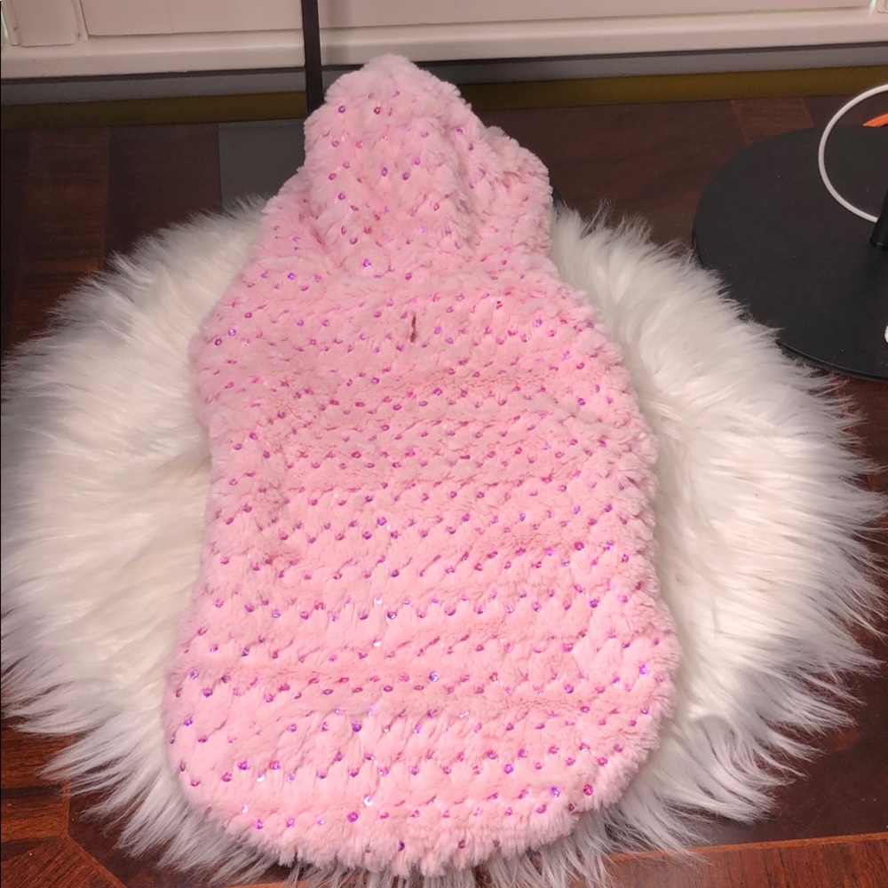 Pink Fuzzy Quilted Faux Hood Dog Coat  Used Once M Good Condition